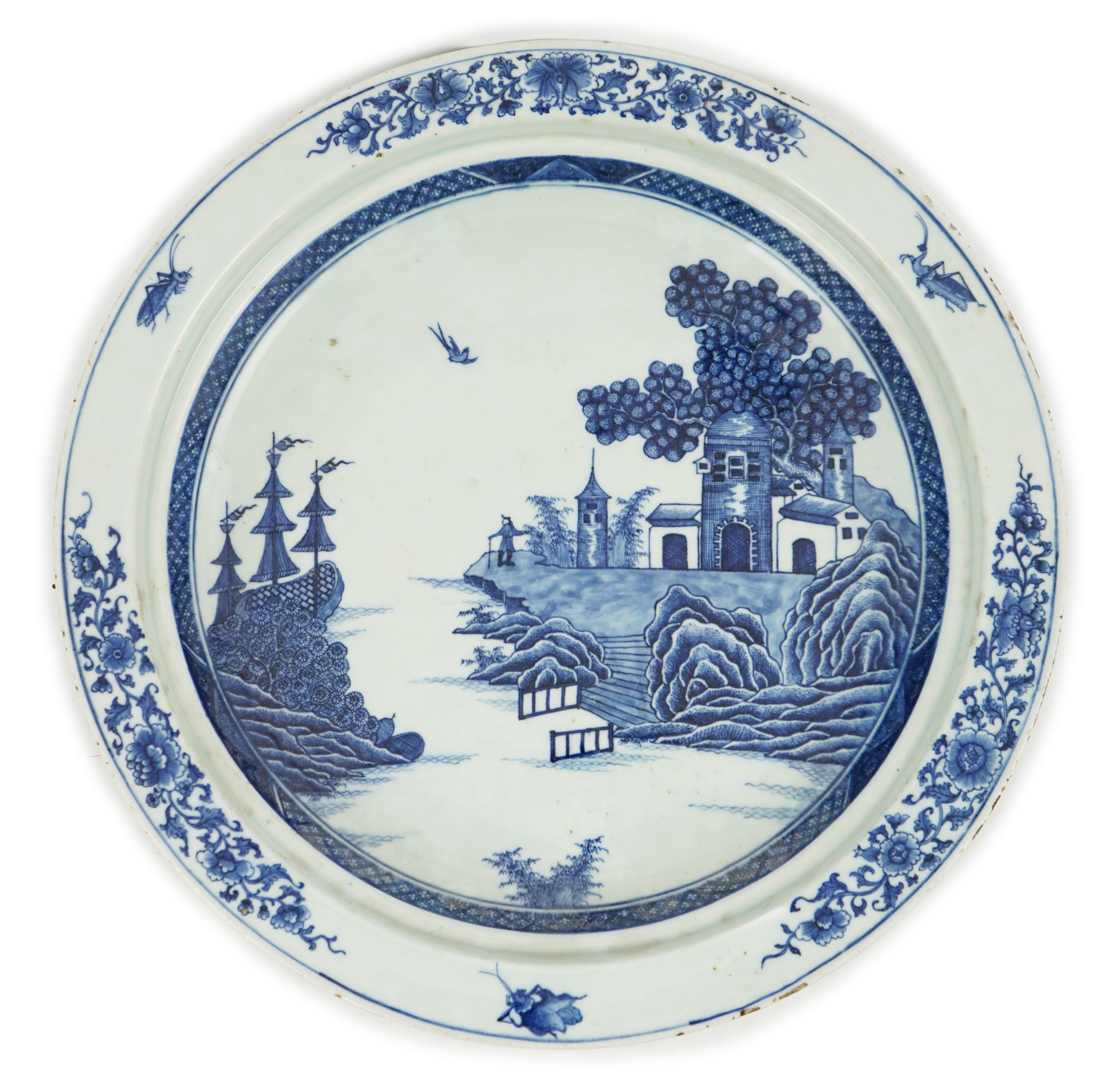 An unusual Chinese European subject blue and white shallow basin, Qianlong period